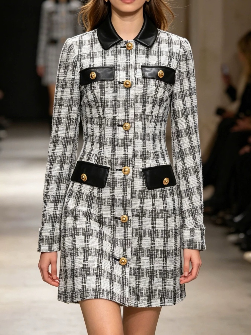 Long Sleeve Plaid Tweed Button-Down Mini Dress